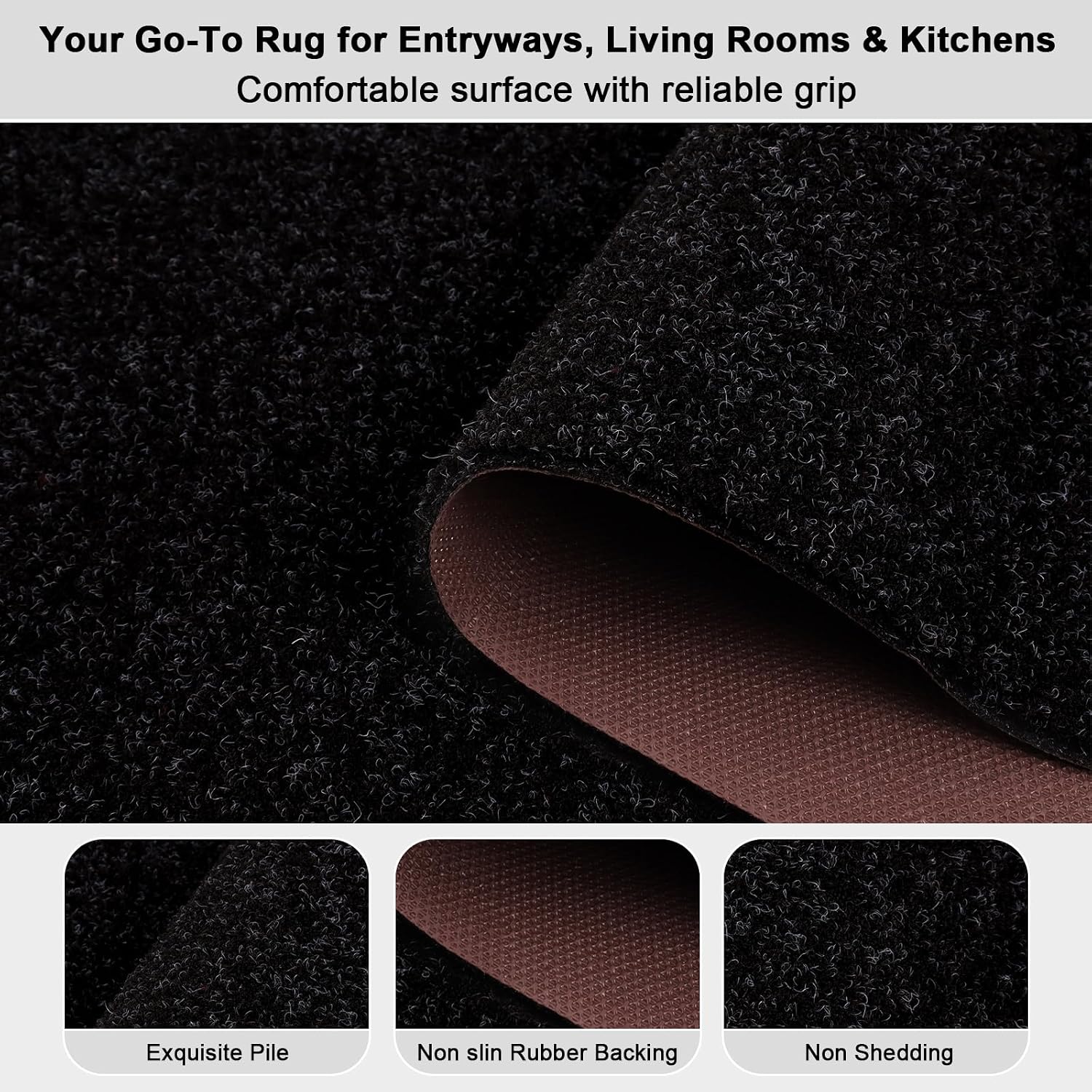 Runner Rug 2' x 8' Outdoor/Indoor, Rug with Natural Rubber Backing Non Slip for Hallway, Kitchen, Patio, Laundry, RV, Entryway, Garage, Bathroom, Area Rug Carpet, Black, Custom Size | Floor Mat with Rubber Backing for Kitchen, Laundry Room, Bathroom