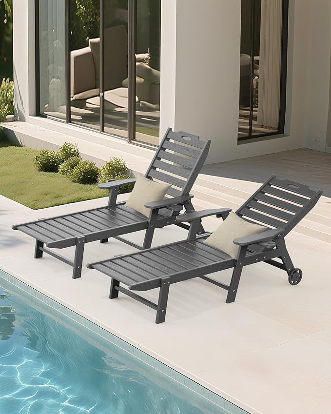 Carauci Lounge Chair Outdoor Set of 2, HDPE Chaise Lounge with Wheels, 5-Position Adjustable Backrest & 2 Cup Holders Patio Lounge Chair, All-Weather Pool Sun Lounger for Poolside, Backyard, Grey