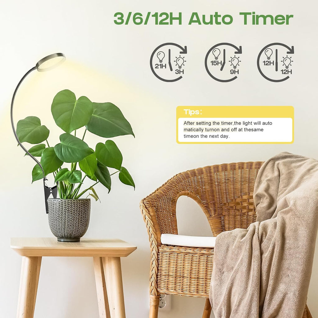 LED Grow Light, Clip On Plant Lights for Indoor Growing with 3,6,12 H Timer, 10 Dimmable Levels Grow Lights for Indoor Plants Full Spectrum, for Houseplants, Bonsai, Pot Plant (1-Pack)