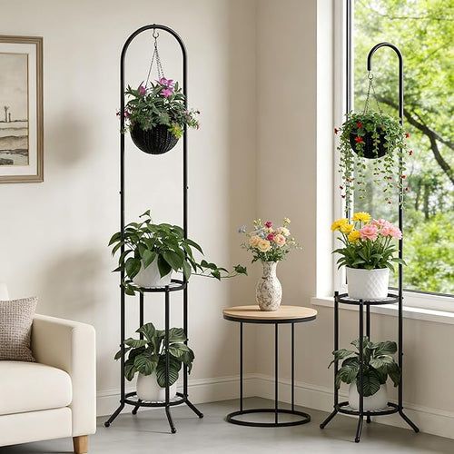 2-tier Hanging Plant Stand Plant Hanger Indoor Outdoor Corner Plant Stands for Indoor Plants, Space-Saving Iron Planter Shelves, Multiple Flower Pot Display Holder Shelf with Hanging Hook, Indoor Outdoor Heavy Duty Planter Shelving Unit (Hooked-style,B...