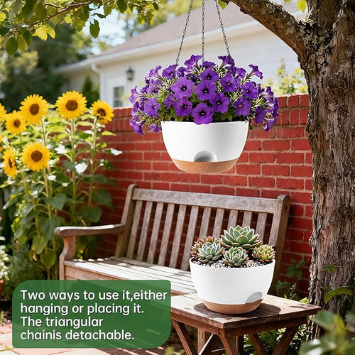 4-Piece Set of 8-Inch Hanging Planters with Automatic Watering System and Drip Tray, Includes Metal Chain, Suitable for Various Indoor and Outdoor Plants and Flowers, White Brown