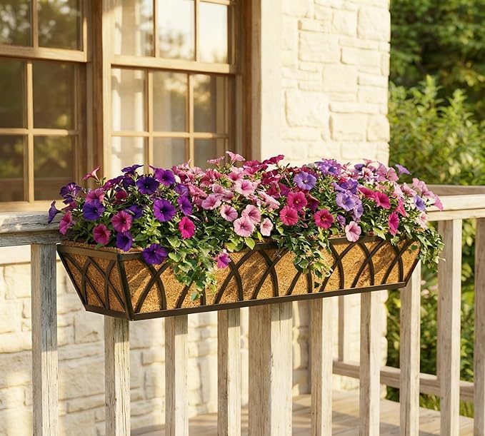 30 Inch Window Deck with Coco Liner, Fence Metal Hanging Flower Planter Window Basket Deck Railing Planter Boxes for Outdoor Garden Lawn，30" Window Boxes Horse Trough with Coconut Coir Liner, 2pcs