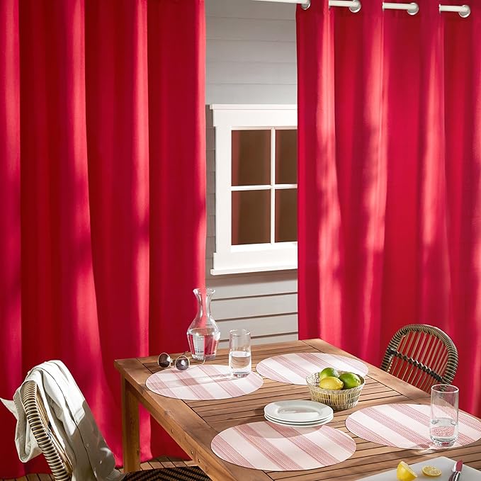 TOWN & COUNTRY BASICS Cabana Solid Heavyweight Indoor Outdoor Curtains, Light Filtering Opacity with Grommet Top, Water Repellent, 2-Pack Set, 54"x96", Radiant Red