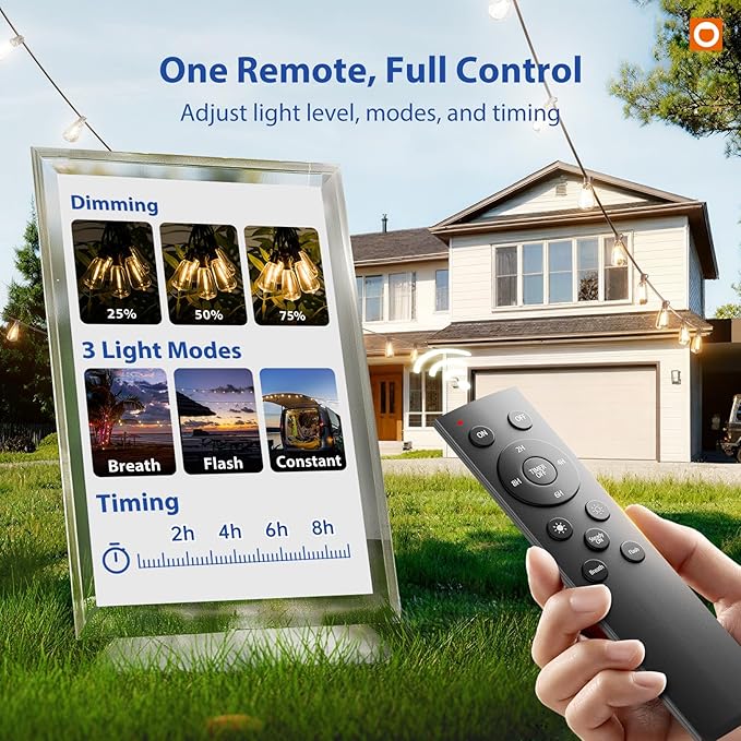 addlon 100FT LED Outdoor String Lights with Remote Waterproof Patio Lights with Shatterproof ST38 Replaceable Bulbs, Dimmable Outside Hanging Light Connectable for Porch, Backyard, 2200K
