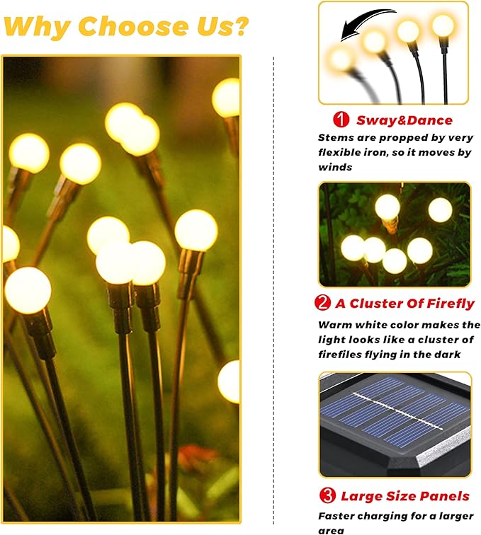 Solar Lights Outdoor-8Pack 64LEDs Solar Garden Firefly Lights Outside,Solar Powered Light Outdoor and Garden Decorative IP65 Waterproof,Yard Patio Pathway Decor,Gardening Gifts for Women,Warm White