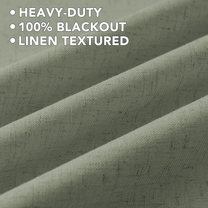 H.VERSAILTEX Linen Curtains 100% Blackout Curtains for Bedroom 102 inch Long Full Light Blocking Nature Linen Blended Window Curtains for Living Room Nickel Grommet (2 Panels, Heathered Dried Sage)