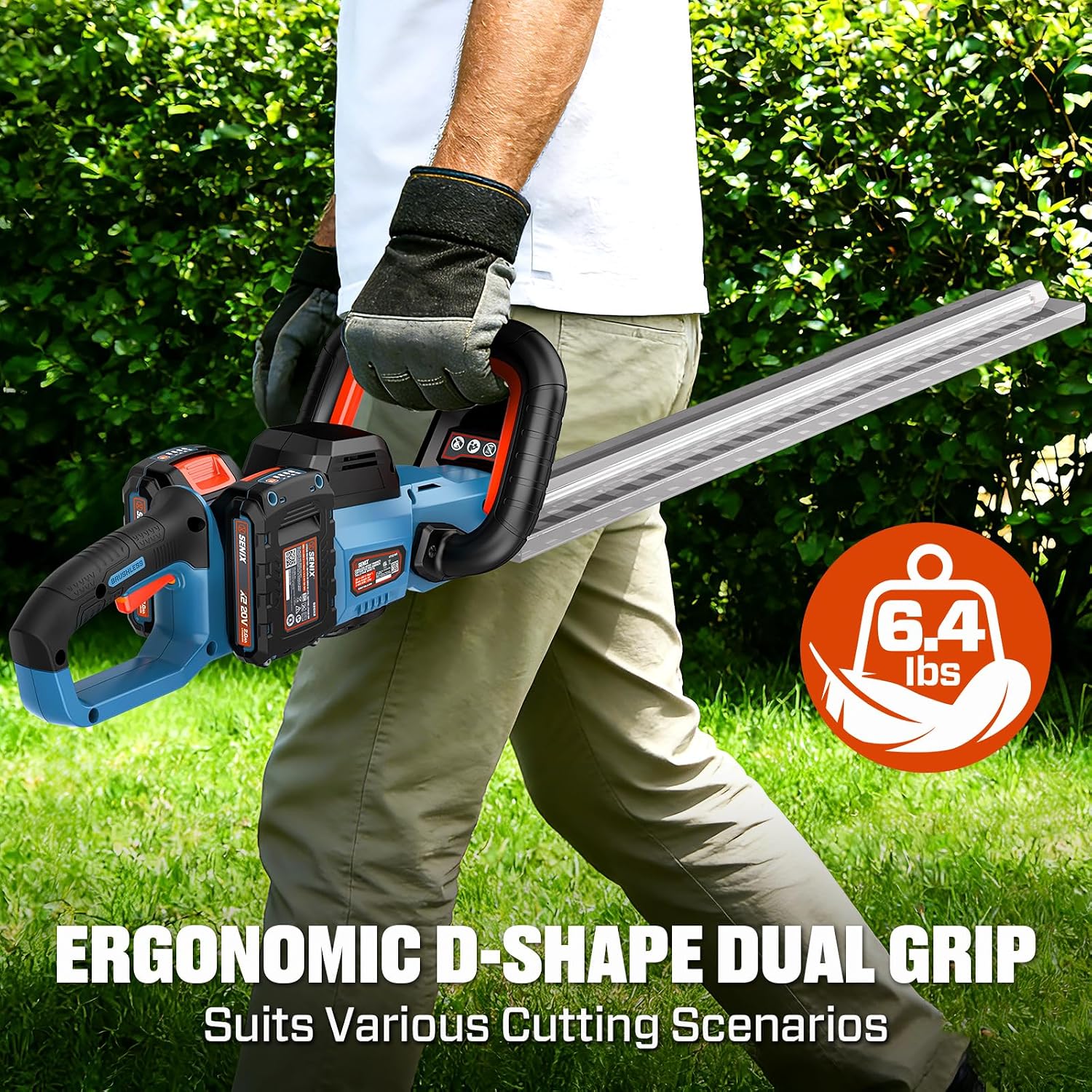 SENIX 40V 24-Inch Cordless Hedge Trimmer, 1-Inch Cut, Grey | Includes 2 Batteries & Dual-Port Charger, Dual-Action Blades, Lightweight, Ideal for Yard Landscaping