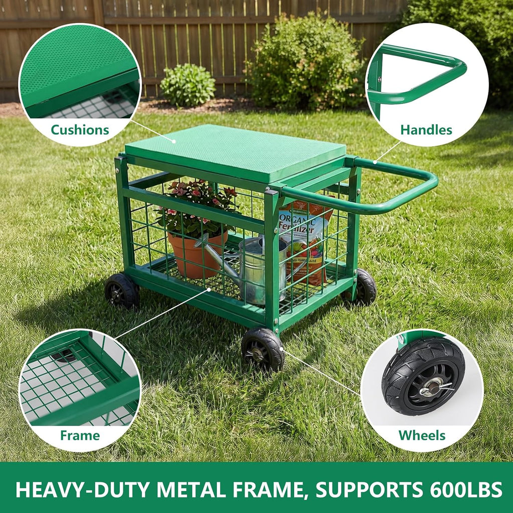 garden seat with wheels rolling garden stool heavy, side view