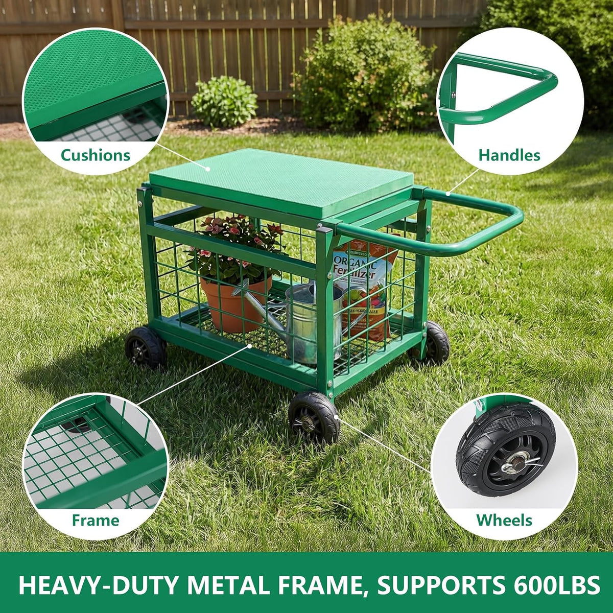 garden seat with wheels rolling garden stool heavy, side view