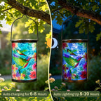Hummingbird Solar Lantern, Hanging Glass Outdoor Garden Light | Raised hummingbird artwork, colorful fused glass, warm dusk glow, solar auto on/off, hang or stand on patio, porch and garden