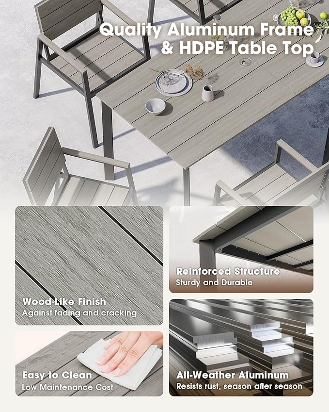 Outdoor Patio Dining Table, HDPS & Aluminum Outdoor Table with Umbrella Hole, All-Weather for Deck, Garden, Lawn, Backyard, Poolside (Classic Gray)