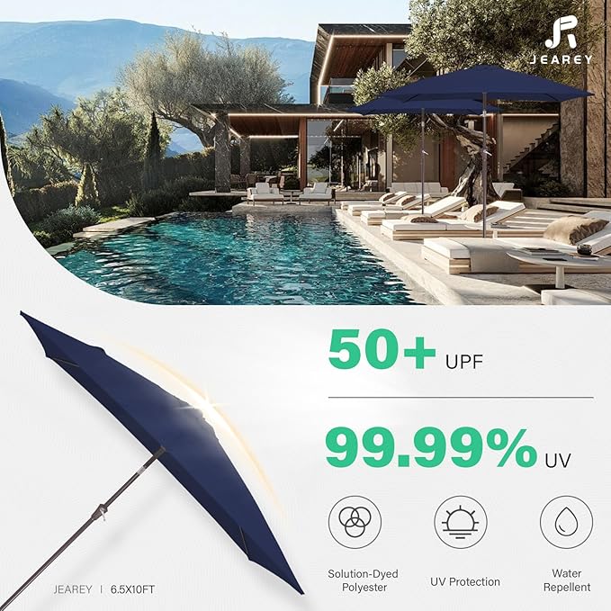 JEAREY 6.5x10 ft Rectangular Patio Umbrellas Rectangle Outdoor Umbrella with Push Button Tilt and Crank, Market Table Umbrella 6 Sturdy Ribs UV Protection for Poolside Garden Backyard Deck, Navy
