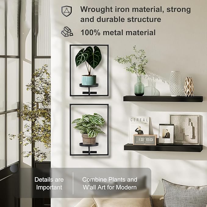 Sisher Plant Stand Indoor Outdoor,Window Plant Shelf Picture Frame Wall Plant Stand Metal Wall Plant Shelf Ease of Assembly Modern Style for Home Decor (Square 2-pack)