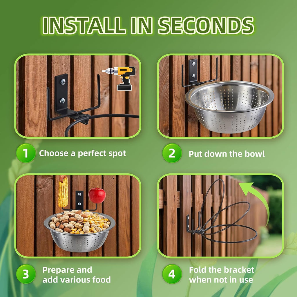 2 Pack Squirrel Feeders, 4 Colander Bowls (Each 8.5"/1.4L) for Replacement, Dual Corn Cob Spikes for Multi-Food, Metal Squirrel Feeders for Outside Tree Fence, Removable Bowl Easy Clean/Refill