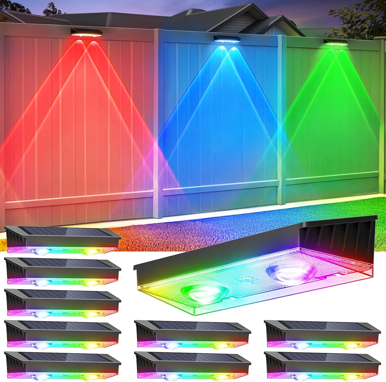 Solar Fence Lights Outdoor, 10 Pack Warm White/RGB Fence Solar Lights with 2 LED, IP65 Waterproof, Backyard Patio Decor for Deck, Wall, Railing, Pool, Stair
