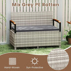 Tangkula 46 Gallon Outdoor Bench with Storage, Outdoor PE Rattan Storage Bench with Cushion, Backrest & Acacia Wood Armrests, Metal Frame, Waterproof Deck Box Seat for Porch Backyard Poolside