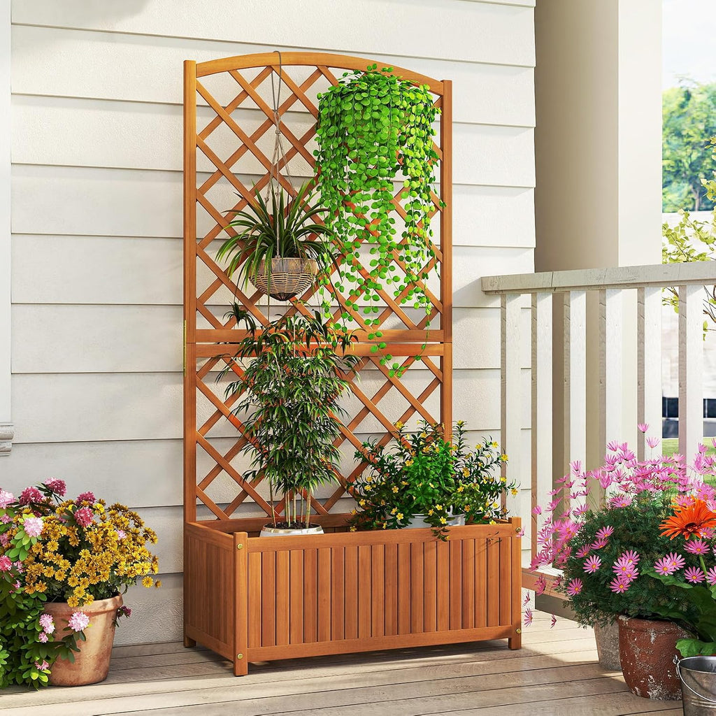 giantex solid acacia wood planter box with trellis shown in use