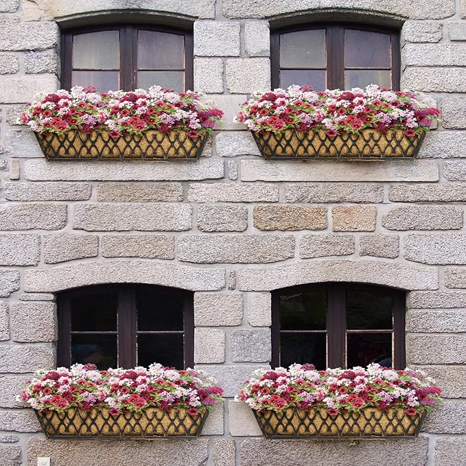 6 Pack 24 Inch Window Boxes Planters Railing Planter Box with Adjustable Brackets for Porch Fence Patio Balcony Hanging Flower Baskets with Coco Liners for Outdoor Garden Decor - Bronze