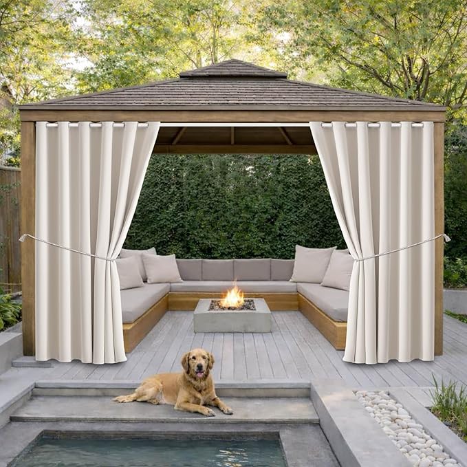 Waterproof Outdoor Curtain W84 x L84 - Grommet Top Sunlight Blocking Window Treatment Drapes Blackout Curtains for Home Bedroom Living Room Outdoor Patio Porch Gazebo (Cream, 2 Panels)