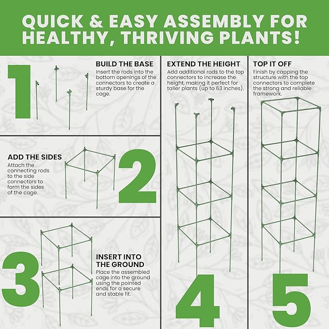 Tomato Cage Square - Large Trellis Stakes and Plant Support Structures for Vegetables and Climbing Plants - Tall Tomato Cages for Garden, Pots, Raised Garden Bed Outdoor Supplies (6 Pack - Up to 58")