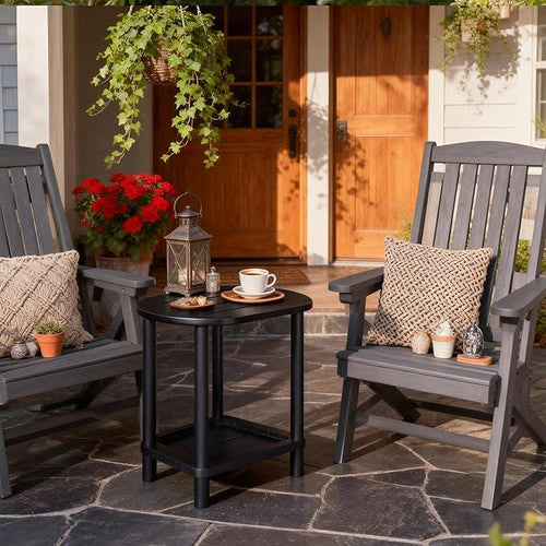 2 Tier Outdoor Side Table, Solid Wood Small Outdoor End Tables, Patio Table for Outside Backyard Balcony Porch Garden Lawn and Living Room, Weather Resistant & Easy Maintenance (Black)