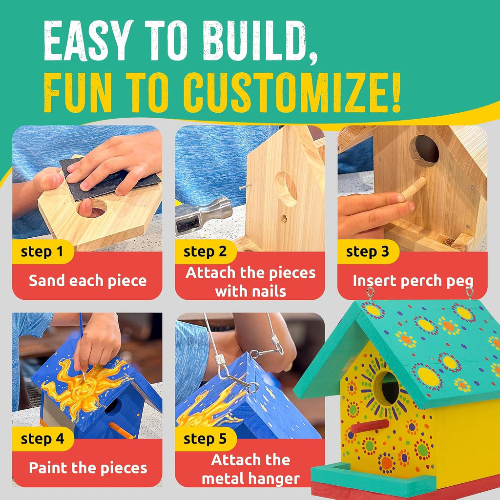 jr bird house kit, diy cedar wood birdhouse showing dimensions