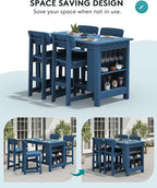 SERWALL 3-Piece Outdoor Counter Height Bar Set, HDPE Patio Bar Table with Wine Rack & Storage Shelf, 2 All-Weather Bar Stools, Patio Bar Dining Furniture Set for 3, Blue