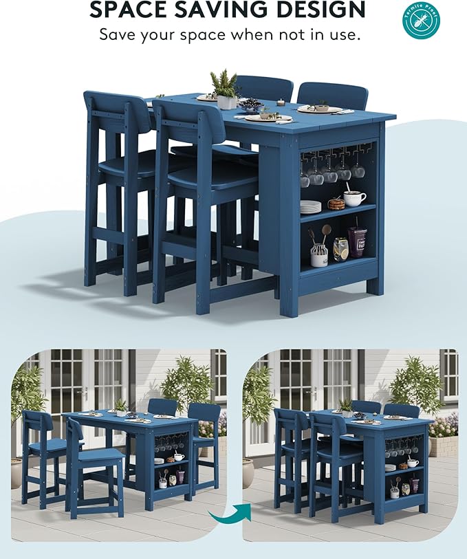 SERWALL 10-Piece HDPE Counter Height Dining Table Sets with Storage and Wine Rack, 2 Rectangular Bar Table with Bar Stools Set of 8 for Garden, Backyard, Kitchen, Blue