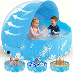 Foldable Kiddie Pool with Canopy, 47 in, Non-Inflatable, Blue | UPF 50+ sun canopy; portable baby pool for toddlers ages 1-3 and dogs, suitable for backyard, beach and outdoor water play