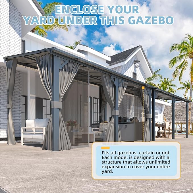 AECOJOY 16' x 8' Gazebo Outdoor Pergola with Curtains and Netting, 8'x16’ Hard Top Lean to Pergolas and Gazebos Clearance with Patio Roof Shelter, Large Wall-Mounted Heavy Duty Metal Awnings for Patio
