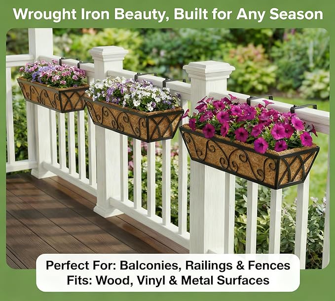 Y&M 24 Inch Window Deck with Coco Liner, Fence Metal Hanging Flower Planter Window Basket Deck Railing Planter Boxes for Outdoor Garden Lawn-Butterfly, 4pcs