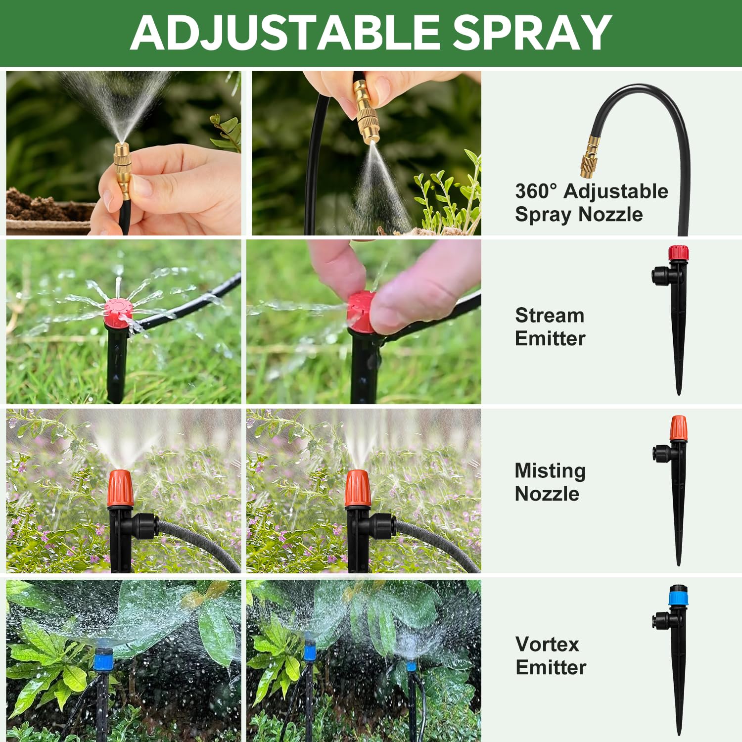 250FT Drip Irrigation System for Garden with 38pcs Adjustable Copper Nozzles & Emitters, Automatic Garden Watering System with 1/2" & 1/4" Tubing for Raised Bed, Yard, Greenhouse, Potted Plants, Lawn