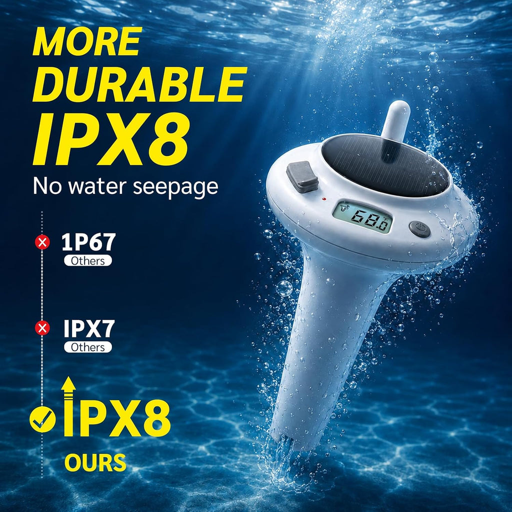 Solar Pool Thermometer, Wireless Floating Water Temperature Sensor, IPX8 Waterproof, Long Range Digital Display for Swimming Pool, Hot Tub, Spa, Pond & Lake