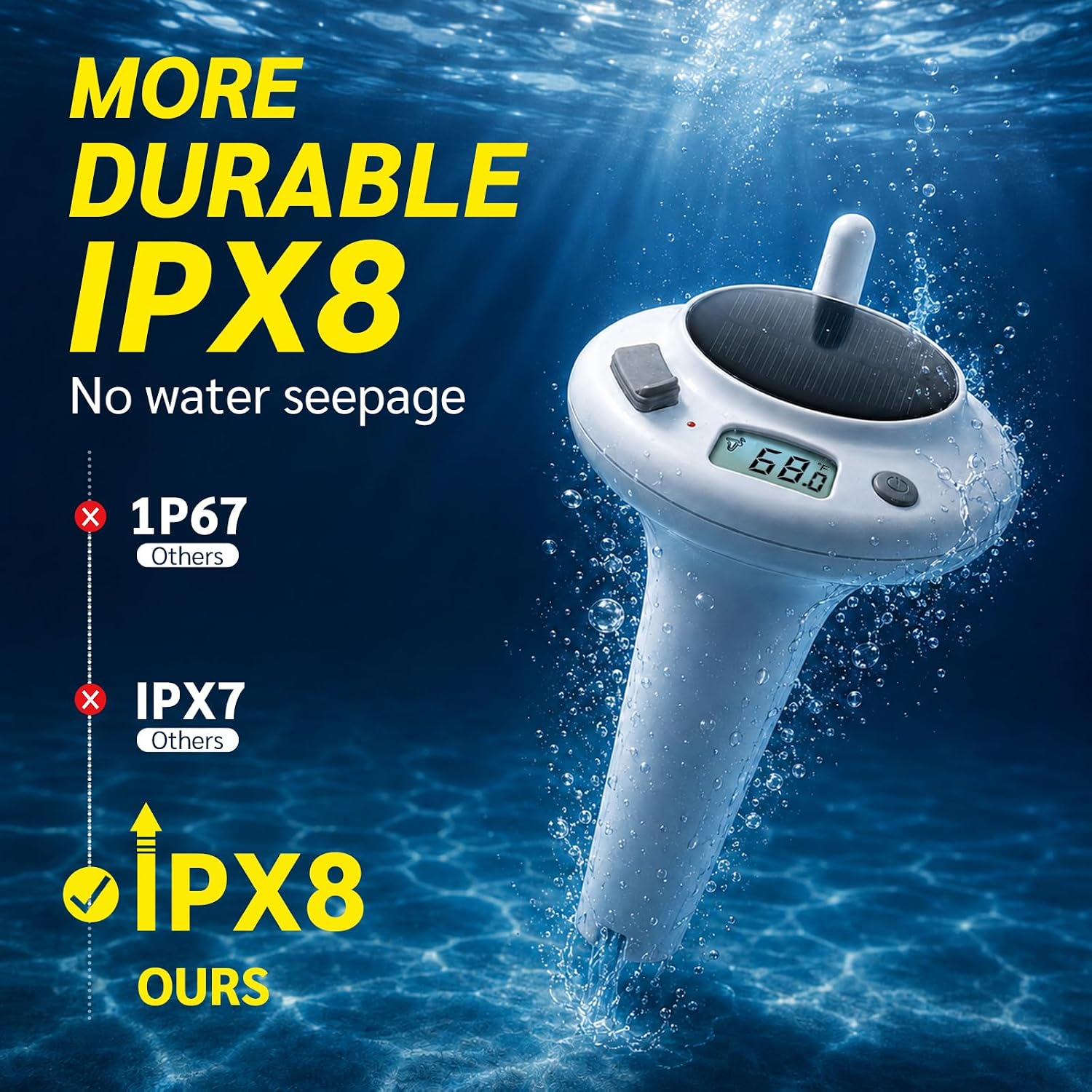 Solar Pool Thermometer, Wireless Floating Water Temperature Sensor, IPX8 Waterproof, Long Range Digital Display for Swimming Pool, Hot Tub, Spa, Pond & Lake