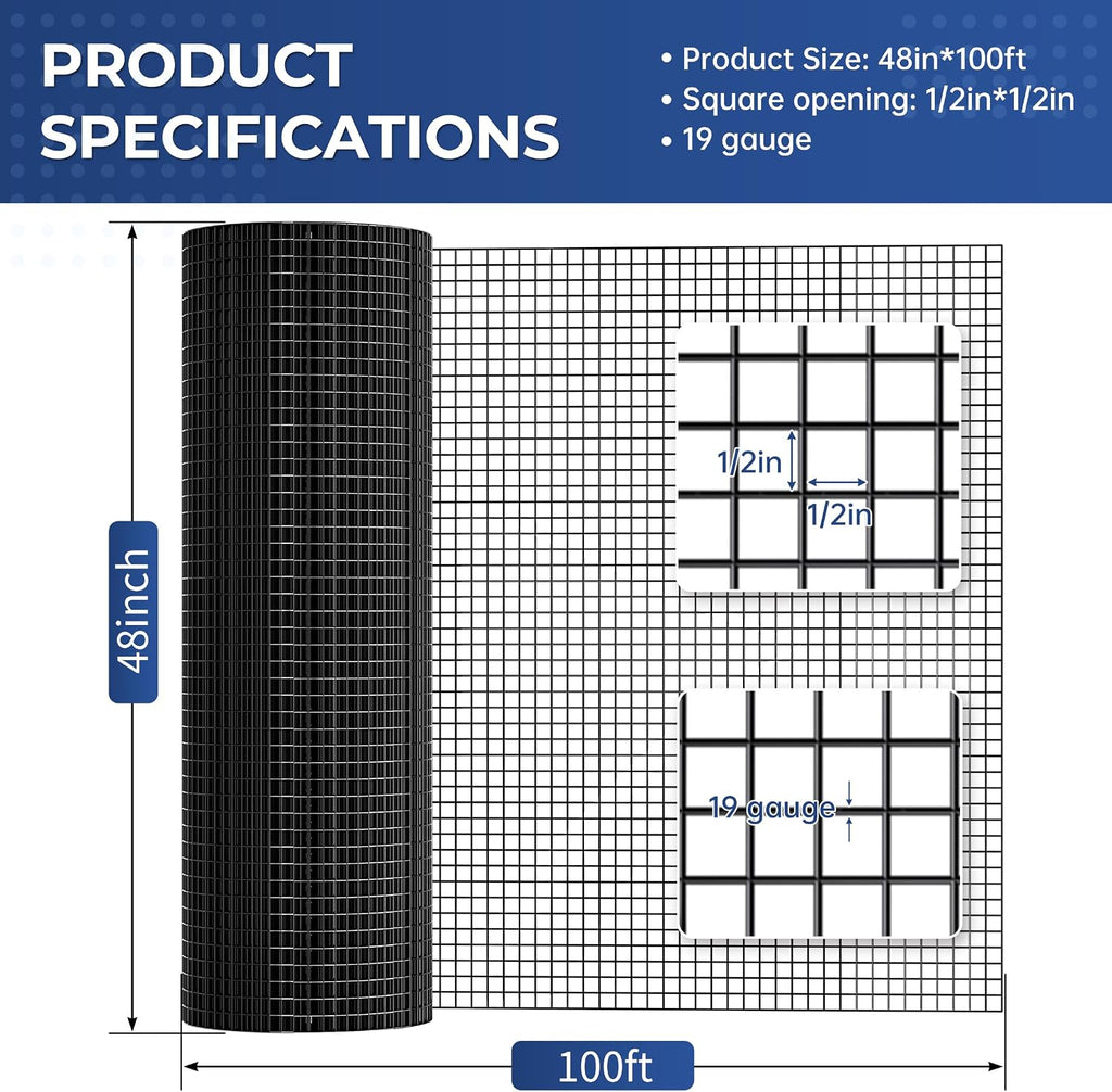 Black Hardware Cloth 1/2 inch Chicken Wire 48 in x 100 ft 19 Gauge | Vinyl Coated Chicken Wire Fencing, Chicken Wire Mesh Roll, Garden Mesh, Rabbit Fence