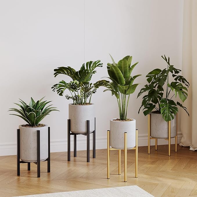 Adjustable Metal Plant Stand Indoor, Mid Century Modern Outdoor Planter Holder for 8 to 14 Inch Pots, Heavy Duty 160 LB Load, Corner Floor Stand for Home Garden Decor Golden