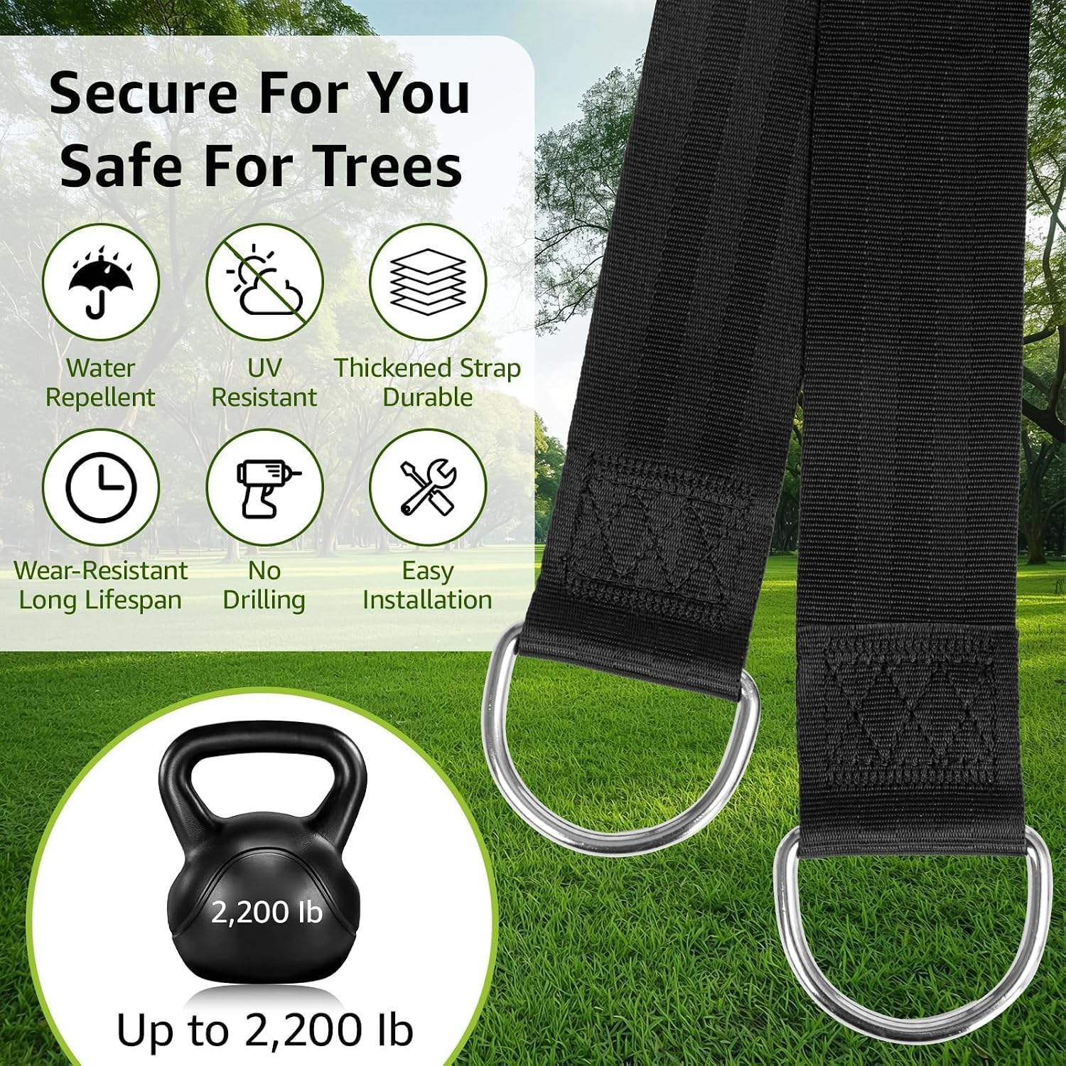 Tree Swing Hanging Straps Kit 4Ft, Robust, Reliable, and Flexible - Supports up to 2200 lbs - Effortless Setup with Sturdy Carabiners - Ideal for Hammocks, Swings, and Beyond (Black, 4FT)