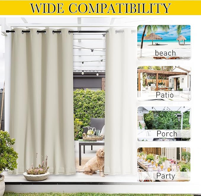 NICETOWN 2 Panels Outdoor Curtains for Patio Waterproof & Windproof, Grommet & Back Tab on Top & Bottom Weighted Drapes Keep Sun/Rain Out with Bouns Rope for Deck, Beige, W84 x L108