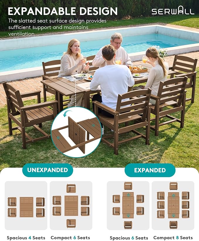 SERWALL 9-Piece Outdoor Dining Set, 60" - 83" Expandable Outdoor Dining Table and 8 HDPE Chairs, All Weather HDPE Outdoor Furniture Set for Backyard, Garden, Brown