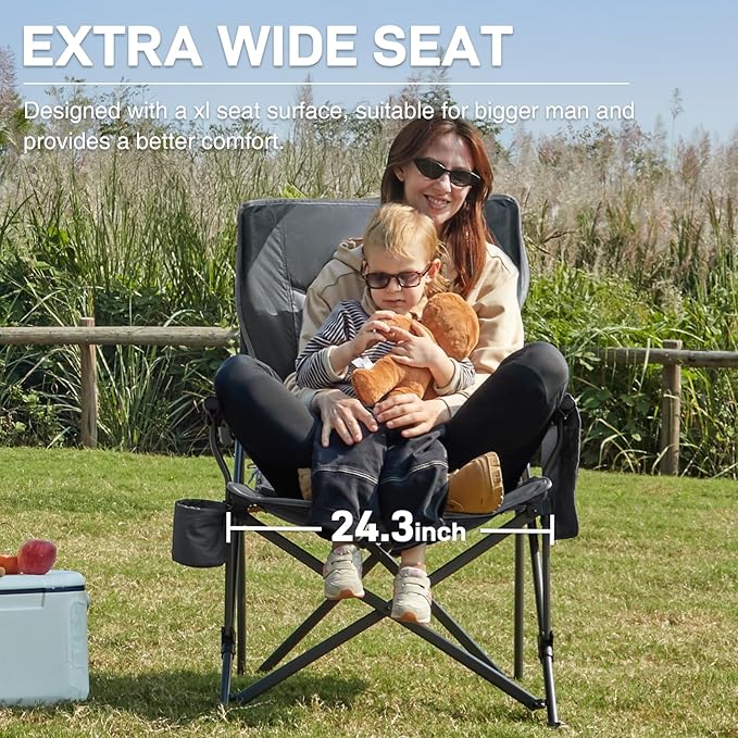 EVER ADVANCED Oversized Folding Camping Chair for Adults, Heavy Duty Lawn Chair with Side Pockets, Portable Collapsible Quad Chair for Outside, Support Up to 500lbs, Grey 2PACK