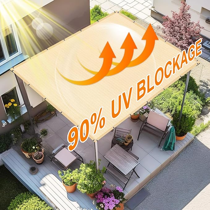 Artpuch 90% Sun Shade Cloth, 8 x 8 FT Pergola Shade Cover Canopy with Grommets, Sun Screen Fabric Tarp for Patio, Outdoor, Garden, Backyard, Wheat