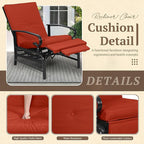 Oakcloud Adjustable Outdoor Lounge Chair Metal Patio Relaxing Recliner Chair with Removable Cushions(Red)