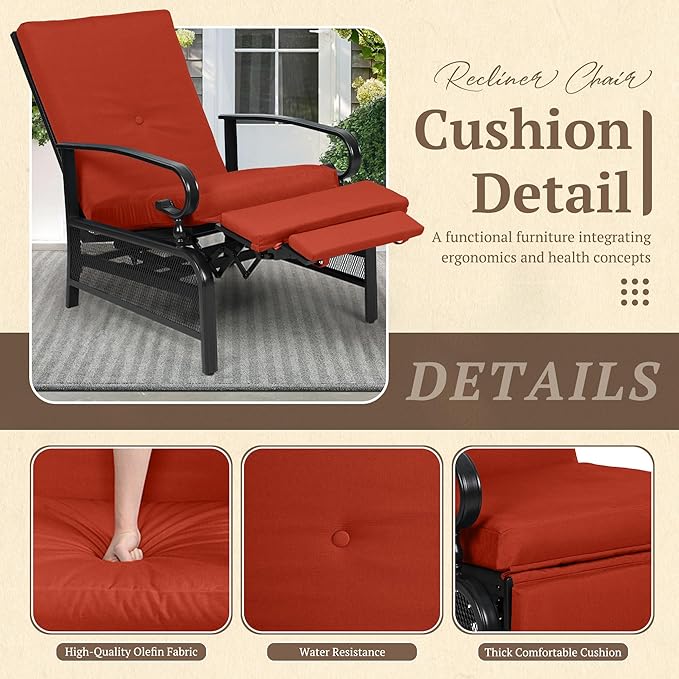 Oakcloud Adjustable Outdoor Lounge Chair Metal Patio Relaxing Recliner Chair with Removable Cushions(Red)
