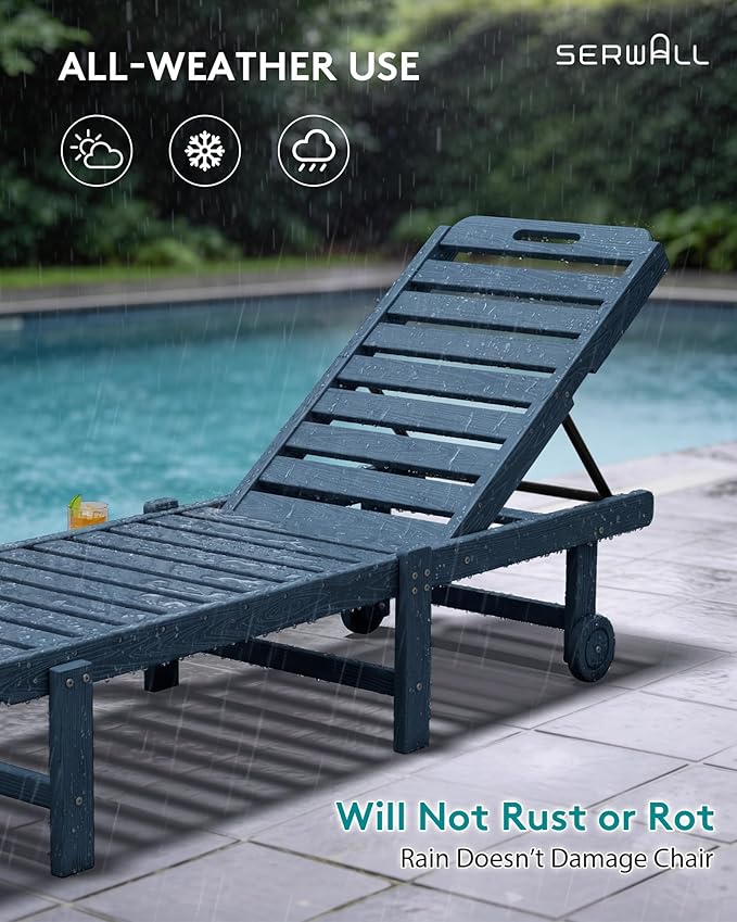 SERWALL Outdoor Chaise Lounge Set of 2, All-Weather HDPE Pool Lounge Chairs with 5-Position Adjustable Reclining Backrest, Rolling Wheels & Cup Holder for Poolside, Blue