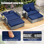 LDAILY Moccha Outdoor Daybed, Wicker Loveseat Sofa Set with 4-Postion Adjustable Backrest, Storage Ottoman, Cushions, Rattan Double Bed Lounger, Patio Furniture Set (Mixed Gray+Navy)