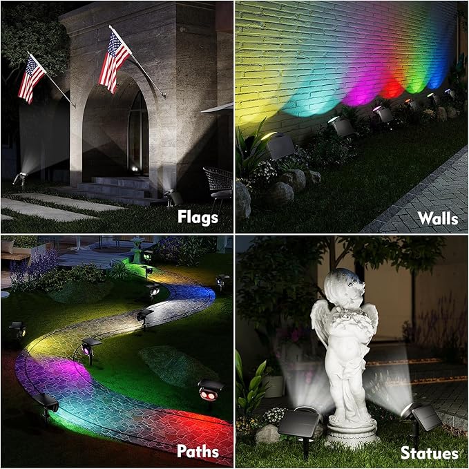 Solar Spot Lights Outdoor Waterproof IP68, RGB Colors Changing Solar Lights with 4 Lighting Modes, Solar Powered Lights Outdoor for Garden Yard Outside Landscape (2Pack)