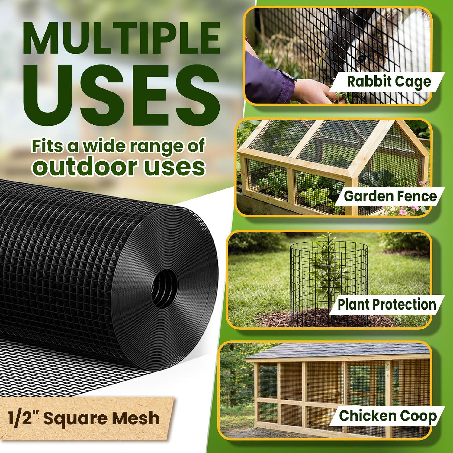 Hardware Cloth1/2inch 48"x50' 19 Gauge Black PVC Coated Welded Wire Mesh Roll, Heavy Duty Metal Mesh with Square Grid, Fencing Roll for Chicken Coop Barrier, Rabbit Cage, Snake Fence