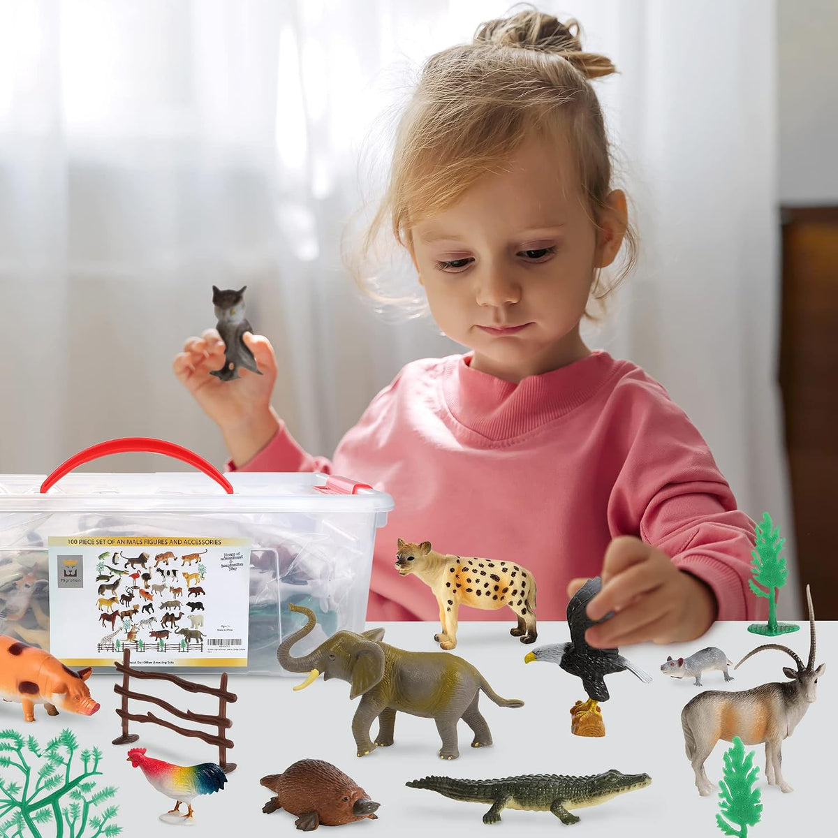 100piece set of animals figures & accessories on a desk or shelf