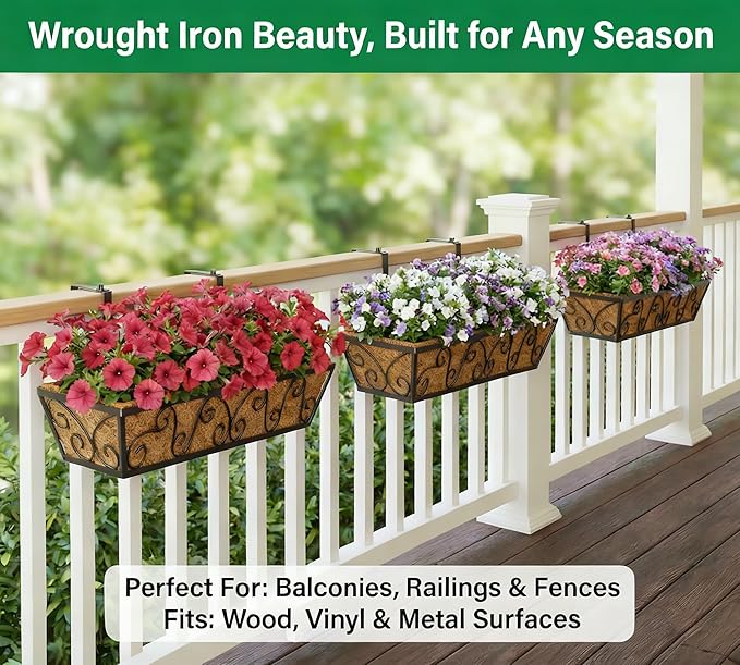 Y&M 30 Inch Butterfly Window Deck with Coco Liner, Fence Metal Hanging Flower Planter Window Basket Deck Railing Planter Boxes for Outdoor Garden Lawn 2pcs