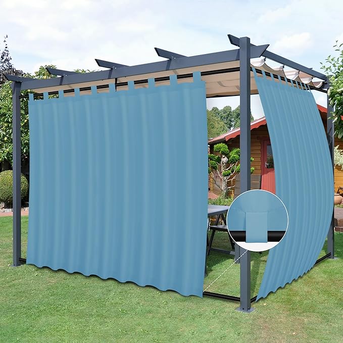 Easy-Going Outdoor Patio Curtains Detachable Tab Top Windproof Weatherproof Curtain for Cabana, Porch, Pergola and Gazebo, Tab Bottom Drape, 2 Panels, 110W x 84L inch, Sky Blue